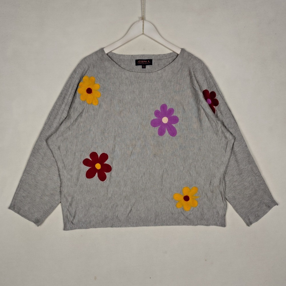Joseph A Grey Knit Flower Applique Sweater Boxy Boat Neck Floral Top XL